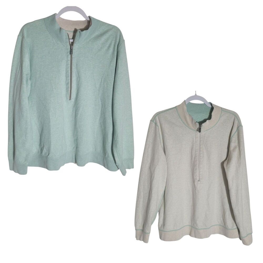 Tommy Bahama Flipshore Half-Zip Reversible Sweatshirt Men's Large Green Cream